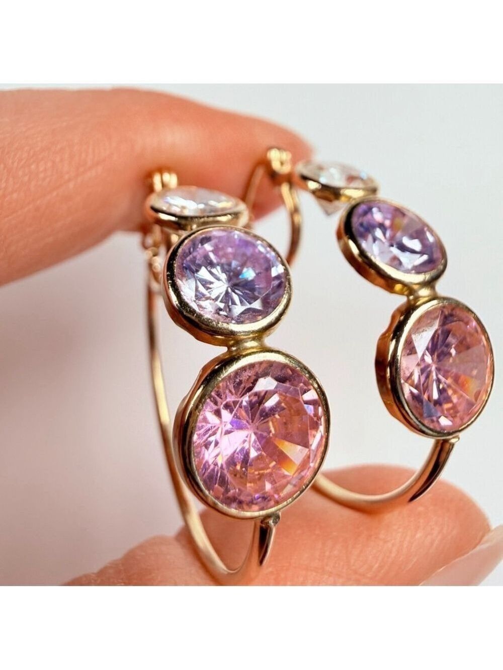 14K Solid Yellow Gold Rock Candy Gemstone Modern Hoop Earrings 28MM - Picture 3 of 13
